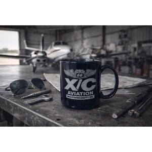 Phillips 66 X/C Aviation Oil Mug 2-Sided Logo Navy Blue Coffee Cup Advertising